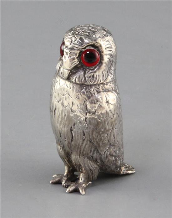 A Victorian novelty silver owl pepperette by George John Richards, height 10cm.